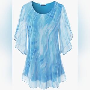 Lightweight Blue Chiffon Flutter-Sleeve Tunic
